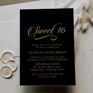 Classic Black and Gold Sweet 16 Birthday Party Invitation