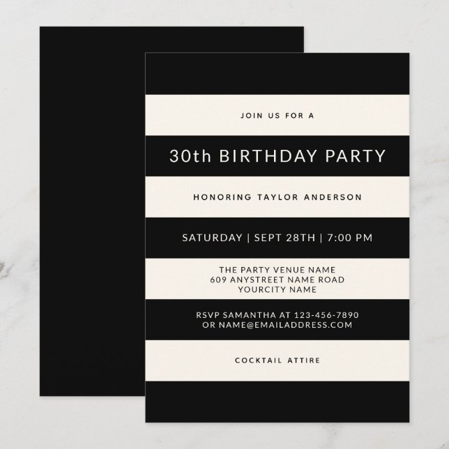 Classic Black and Off-White Stripes Birthday Party Invitation (Front/Back)