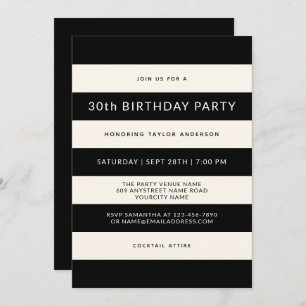 Classic Black and Off-White Stripes Birthday Party Invitation