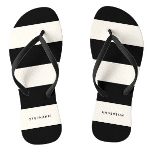 Classic Black and Off-White Stripes with Name Flip Flops