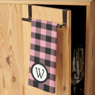 Classic Black and Pink Buffalo Plaid with Monogram Kitchen Towel