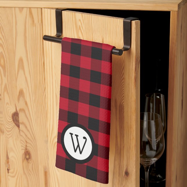 Classic Black and Red Buffalo Plaid with Monogram Kitchen Towel (Thirds Fold)