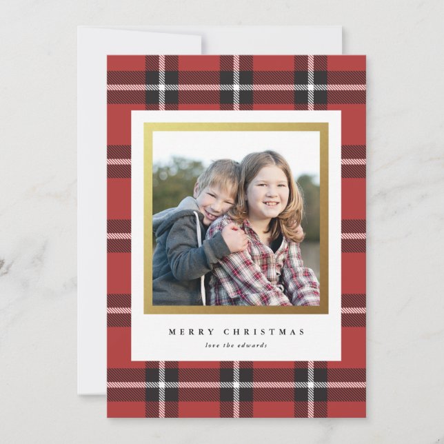 Classic Black and Red Holiday Plaid Photo Card (Front)