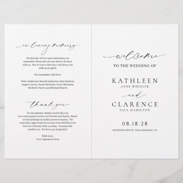 Classic Black and White Budget Wedding Program (Front)