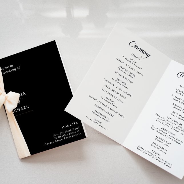 Classic Black and White Calligraphy Folded Wedding Program (Creator Uploaded)