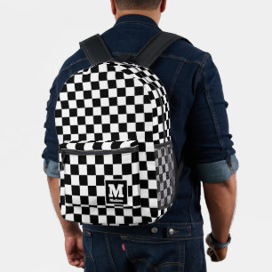 Classic Black and White Chequered Monogram Name Printed Backpack