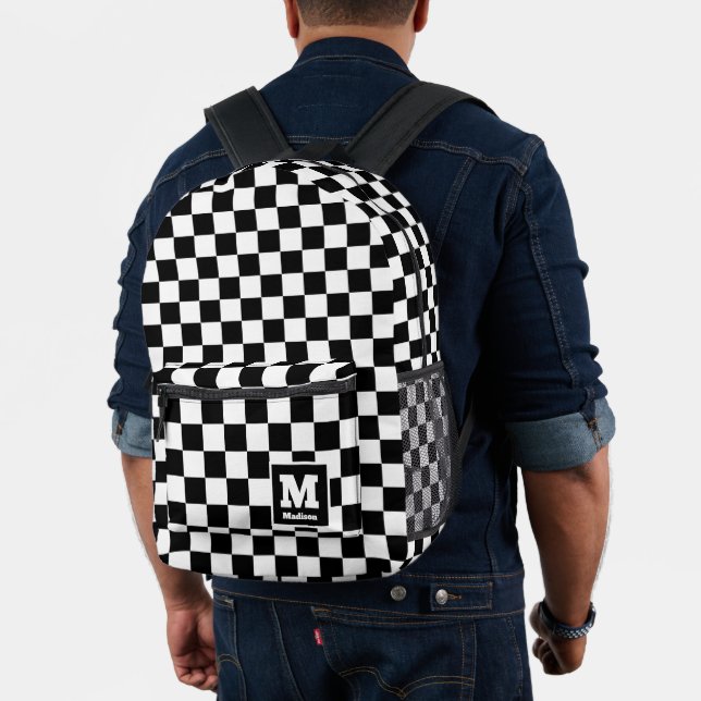 Classic Black and White Chequered Monogram Name Printed Backpack (Insitu (Model))