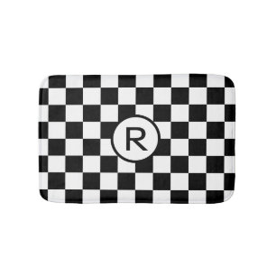 Classic Black and White Chequered Pattern Monogram Bath Mat