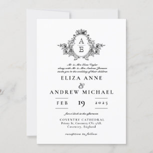 Classic Black and White Crest Monogram Wedding Invitation