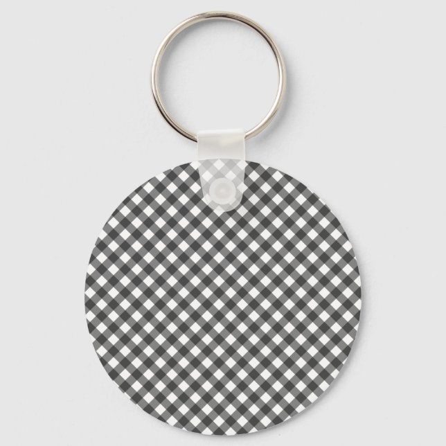 Classic Black And White Diagonal Gingham Plaid Keychain (Front)