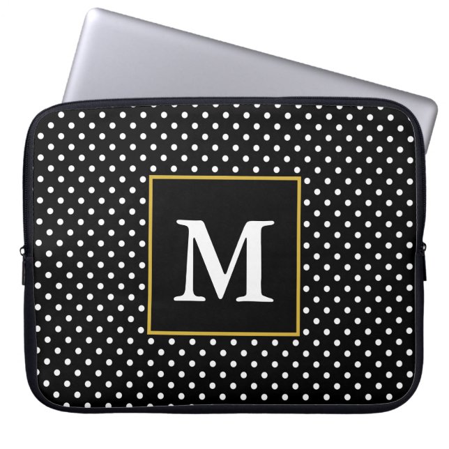 Classic Black and White Dots Pattern Monogram Laptop Sleeve (Front)