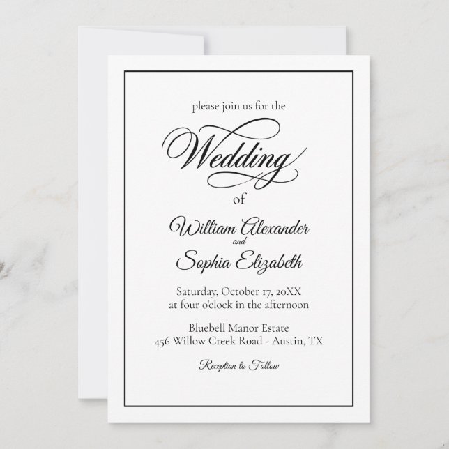 Classic Black and White Elegant Script Wedding  Invitation (Front)