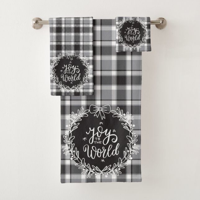 Classic Black and White Farmhouse Christmas Plaid Bath Towel Set (Insitu)