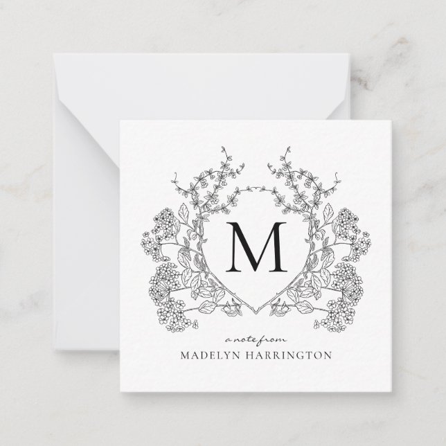 Classic Black and White Floral Crest Monogram Card (Front)
