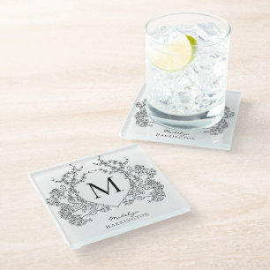 Classic Black and White Floral Crest Monogram Glass Coaster