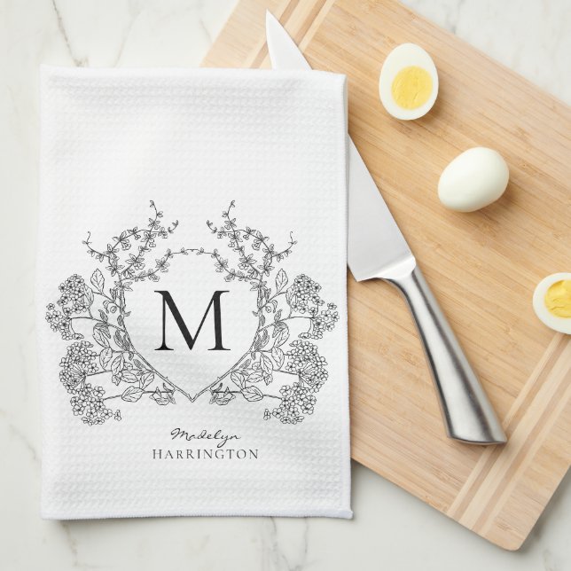 Classic Black and White Floral Crest Monogram Kitchen Towel (Quarter Fold)