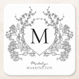 Classic Black and White Floral Crest Monogram Square Paper Coaster