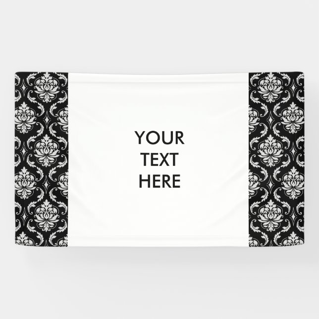Classic Black and White Floral Damask Pattern Banner (Horizontal)