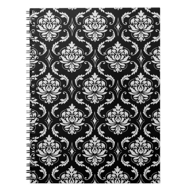 Classic Black and White Floral Damask Pattern Notebook (Front)