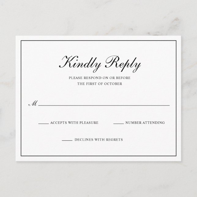 Classic Black and White Formal Wedding RSVP Invitation Postcard (Front)