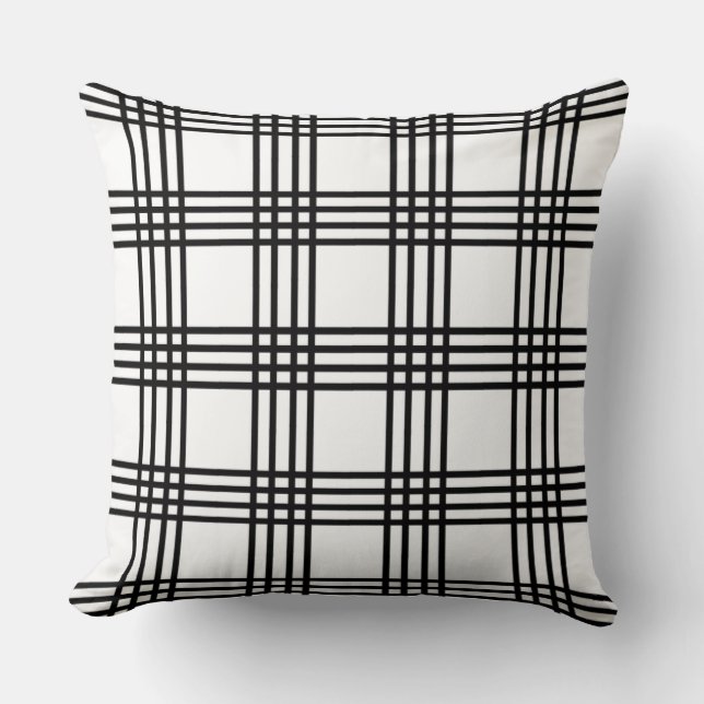 Classic Black and White Four Stripe Plaid Throw Pillow (Front)