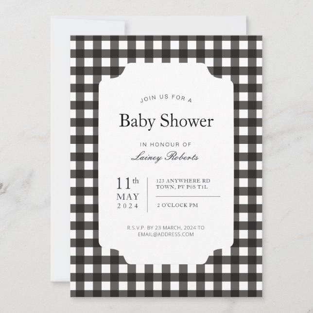 Classic Black and White Gingham Plaid Checkerboard Invitation (Front)