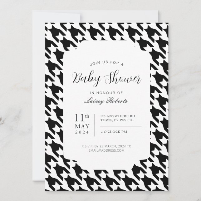 Classic Black and White Houndstooth Geometric Invitation (Front)