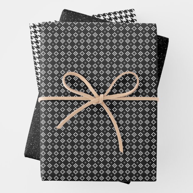 Classic Black and White Houndstooth Pattern  Wrapping Paper Sheet (In situ)