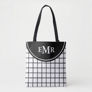 Classic Black and White Lattice Stripe Monogram Tote Bag