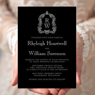 Classic Black and White Monogram Crest Script Invitation