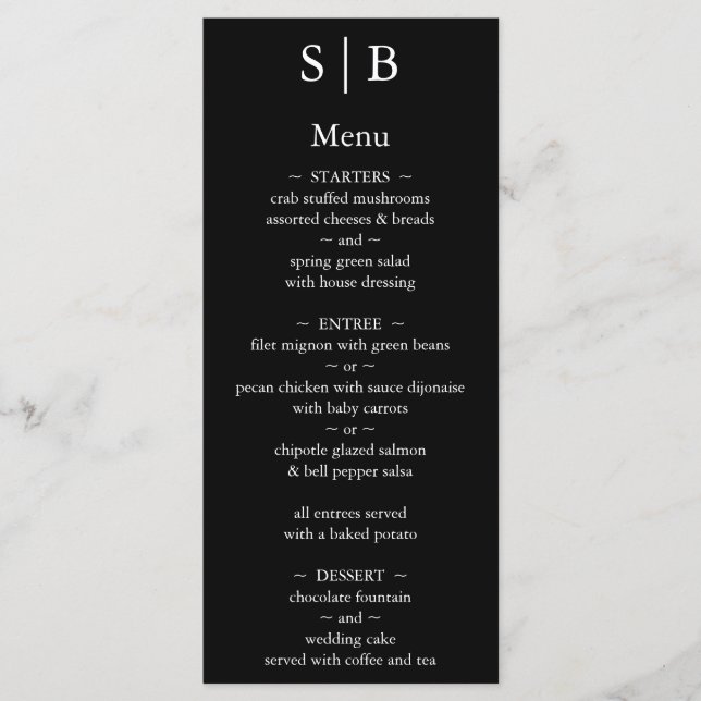 Classic Black and White Monogram Wedding Menu (Front)