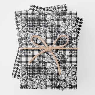 Classic Black and White Ornaments Houndstooth  Wrapping Paper Sheet