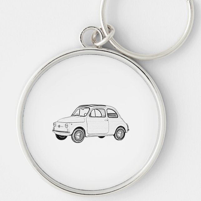 Classic Black and White Pencil Drawing Fiat 500 Keychain (Front)