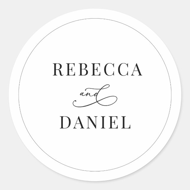 Classic Black and White Personalized Names Wedding Classic Round Sticker (Front)