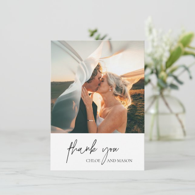 Classic Black and White Photo Elegant Wedding Thank You Card (Standing Front)