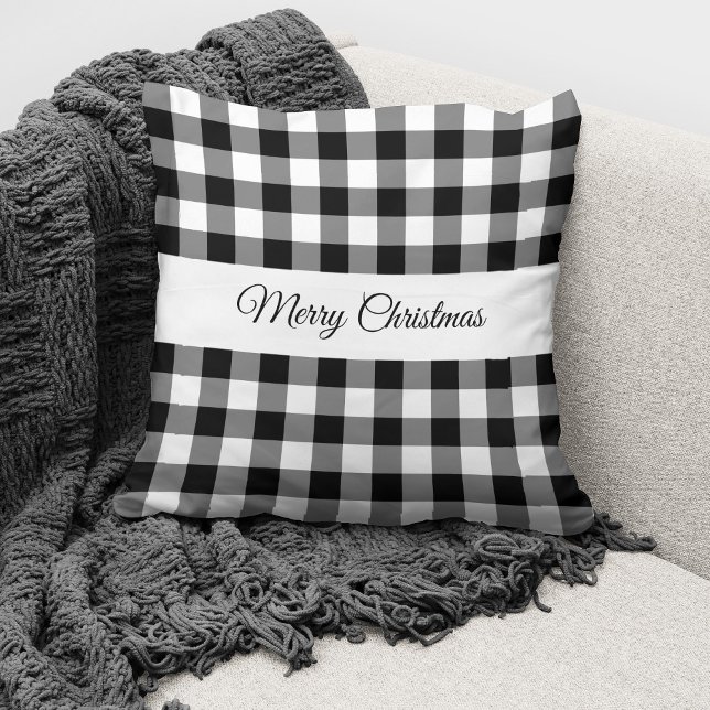 Classic Black And White Plaid Merry Christmas Throw Pillow (Creator Uploaded)