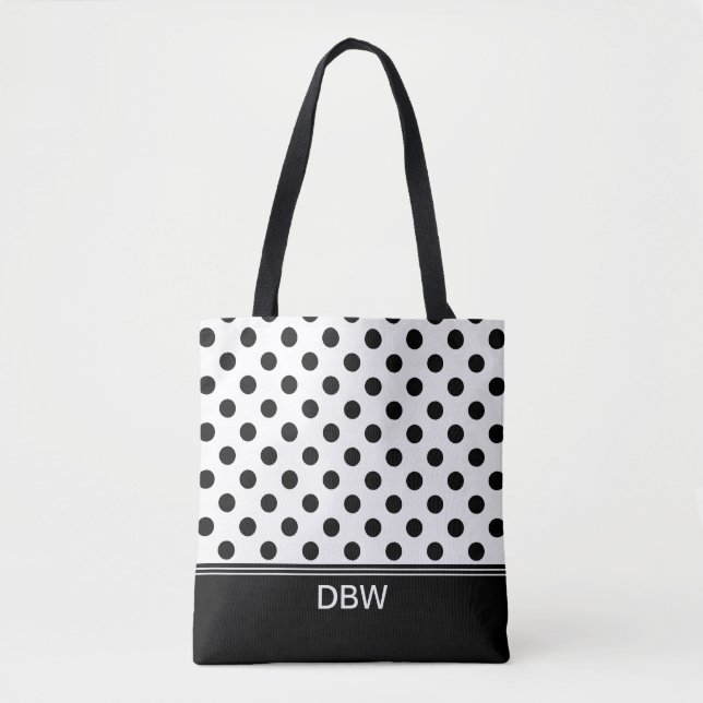 Classic Black and White Polka Dot Monogram Tote Bag (Front)