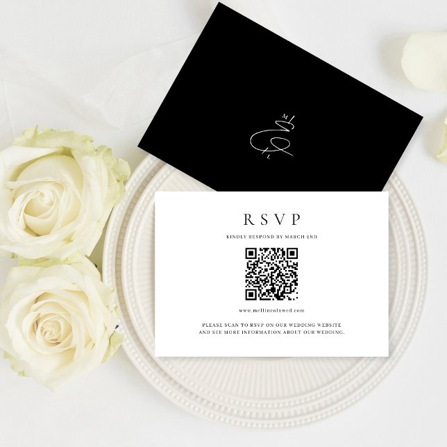 Classic Black and White QR Code Monogram Wedding RSVP Card (Creator Uploaded)