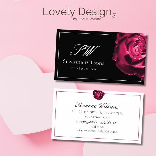 Classic Black and White Red Rose with Initials Business Card (Creator Uploaded)