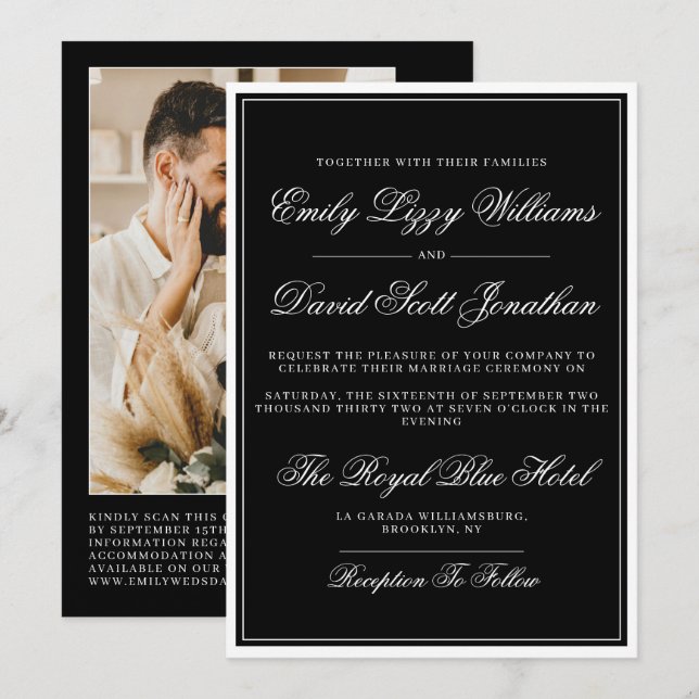Classic Black and White Regal Traditional QR Photo Invitation (Front/Back)