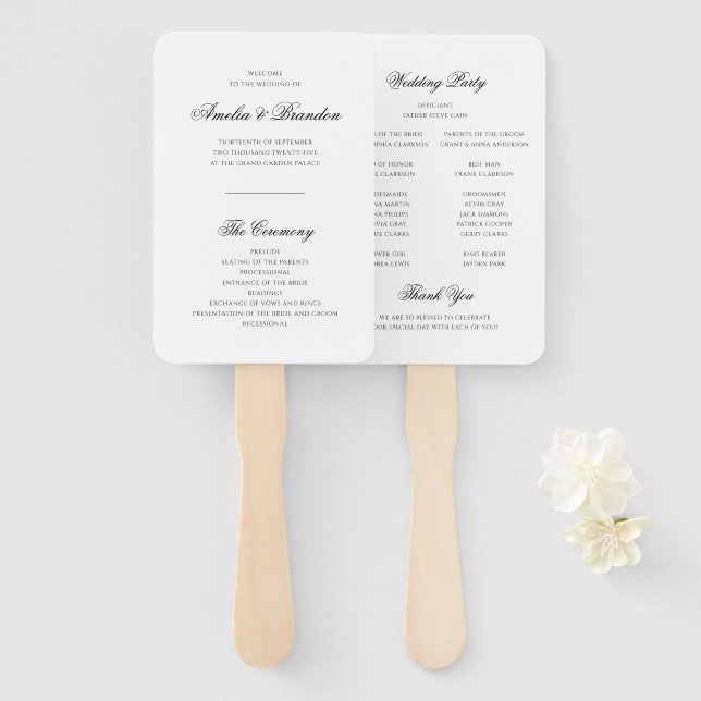 Classic Black and White Script Wedding Program Hand Fan (Front and Back)