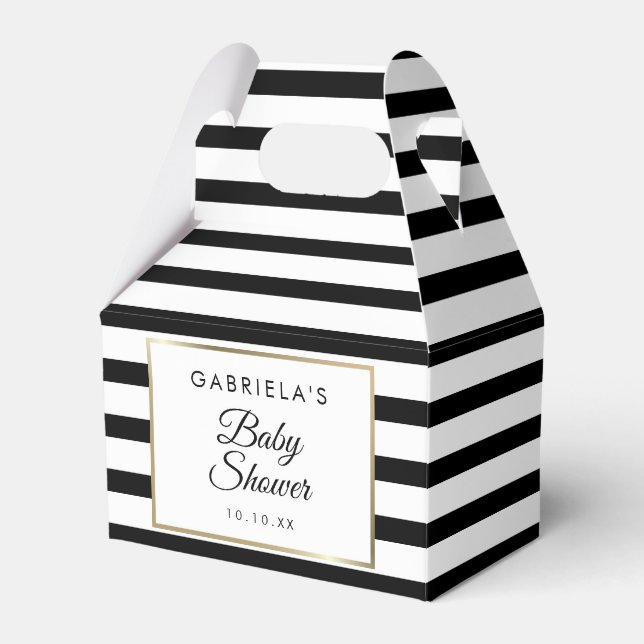 Classic Black And White Stripe Gold Baby Shower Favor Box (Front Side)