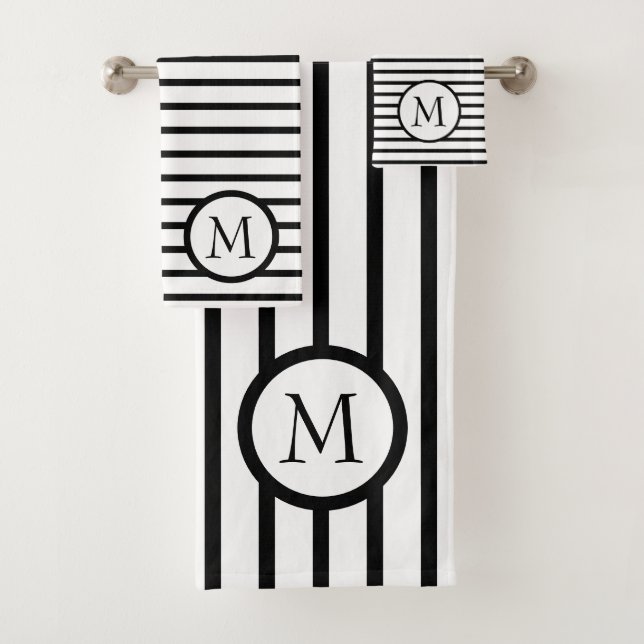 Classic Black and White Stripe Monogram Bath Towel Set (Insitu)