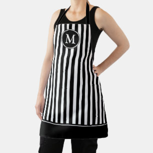 Classic Black And White Stripe Pattern Monogrammed Apron