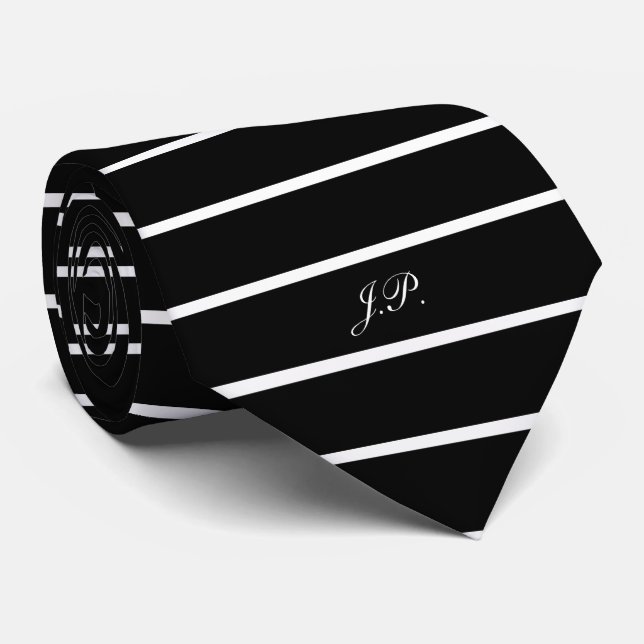 Classic Black and White Stripe Patterned Initials Tie (Rolled)