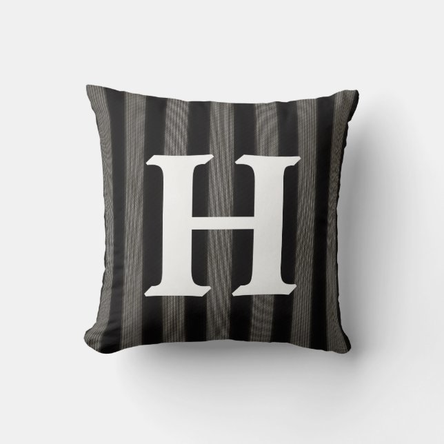 Classic Black and White Striped Initial Monogram Throw Pillow (Front)