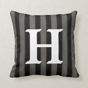 Classic Black and White Striped Initial Monogram Throw Pillow