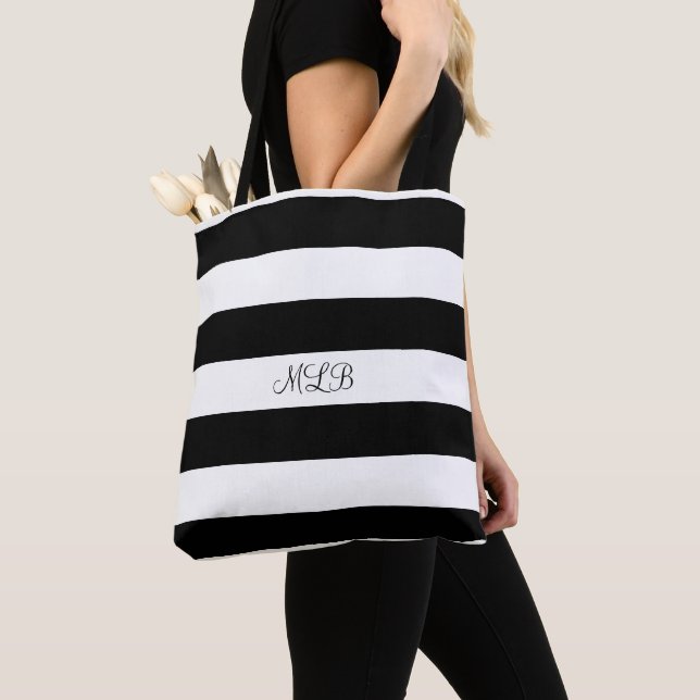 Classic Black and White Stripes and Monogram Tote Bag (Close Up)