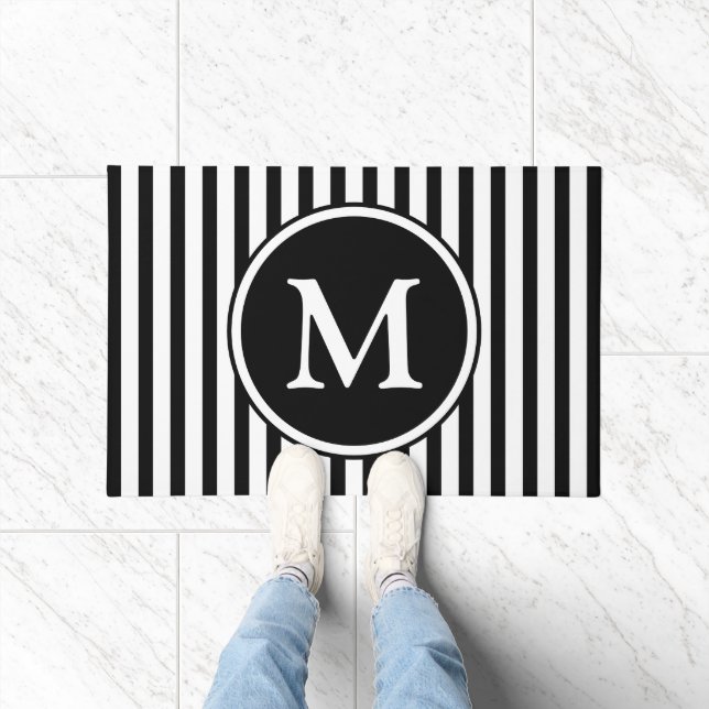 Classic Black And White Stripes Monogram Doormat (Indoor)