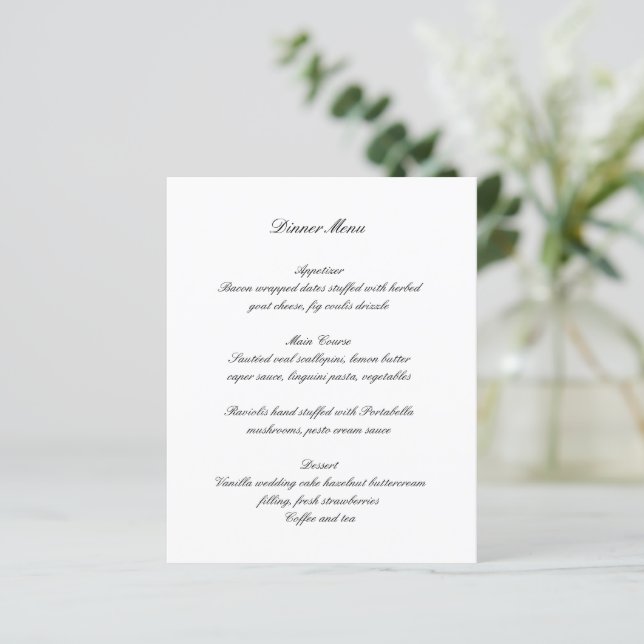 Classic Black and White Timeless Wedding Menu (Standing Front)